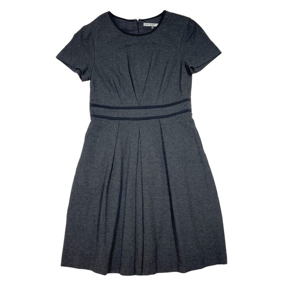 Trina Turk Dress Size 10 Gray Black Short‎ Sleeve A Line Empire Waist Stretch - Picture 1 of 12